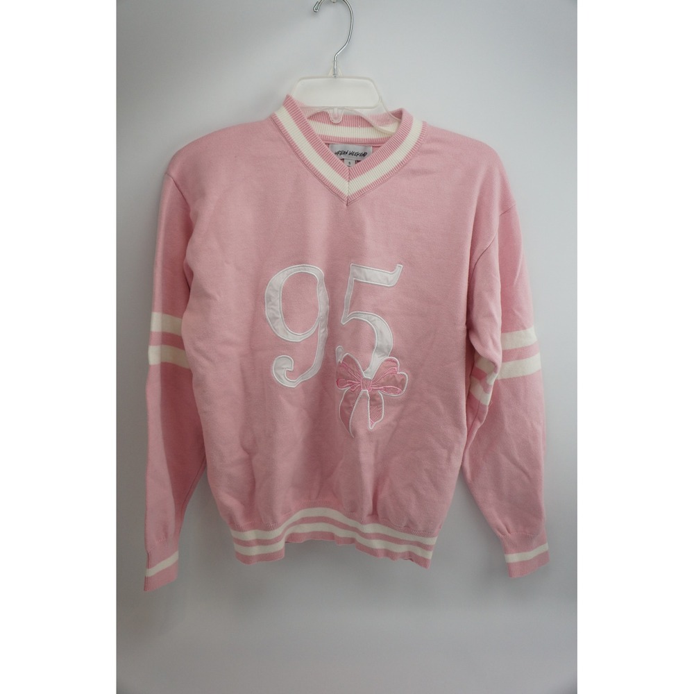 Urban Weekend Sweater S Pink 95 Bow Varsity Stripe‎ Knit V-neck Excellent